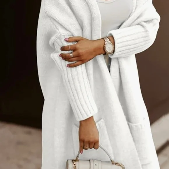 NEW Aoysky Womens Long Cardigans Cable Knitted Oversized Hooded Outer Med White - Picture 2 of 8